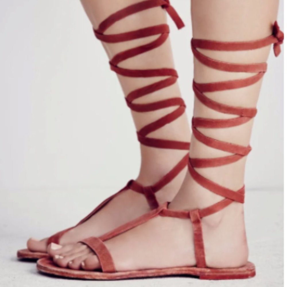 Free People Dahlia Red Rust Leather Flat Lace Up Gladiator Sandals Sz 40